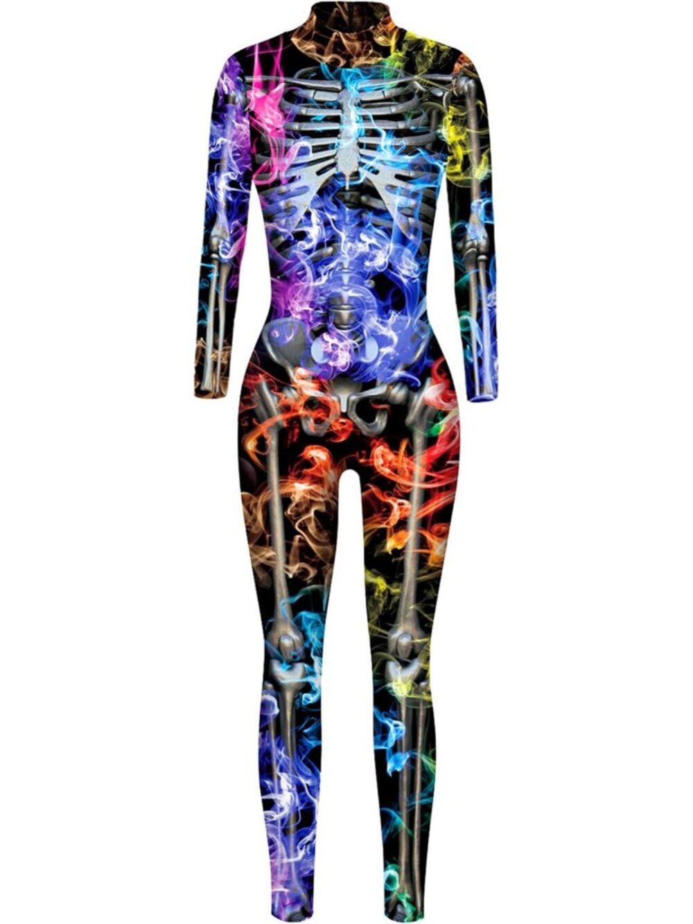 Women's Colorful 3D Sci-Fi Skeleton Print Long Sleeve Halloween Catsuit Bodycon